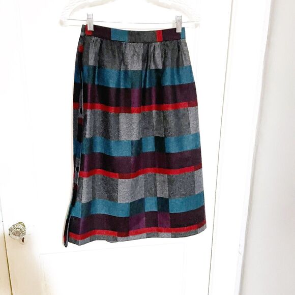 Vintage VICTOIRE Wool Plaid Skirt Gray Blues Size 4 Petite Button Side Academia - Picture 3 of 4